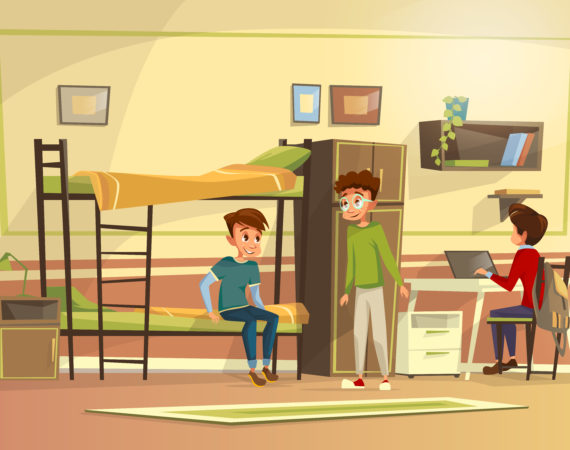 Vector cartoon students group in dormitory room